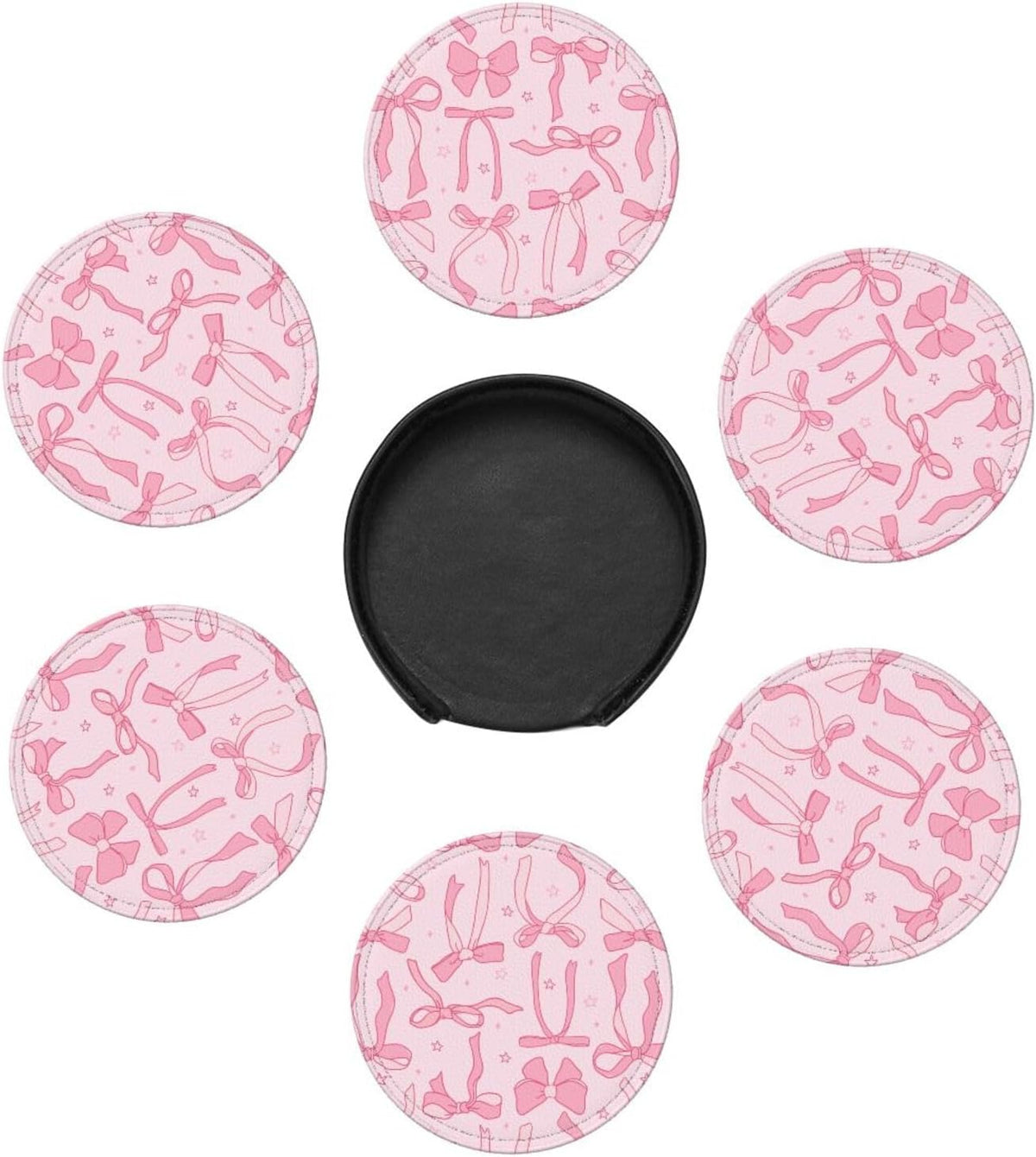 6 Pcs Pink Cute Ribbon Bow Drink Coasters with Holder Coasters for Drinks Coffee Table Home Decor Housewarming Gift