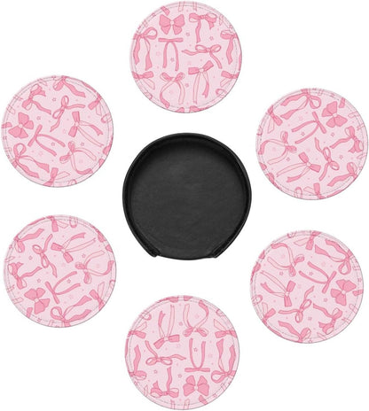 6 Pcs Pink Cute Ribbon Bow Drink Coasters with Holder Coasters for Drinks Coffee Table Home Decor Housewarming Gift