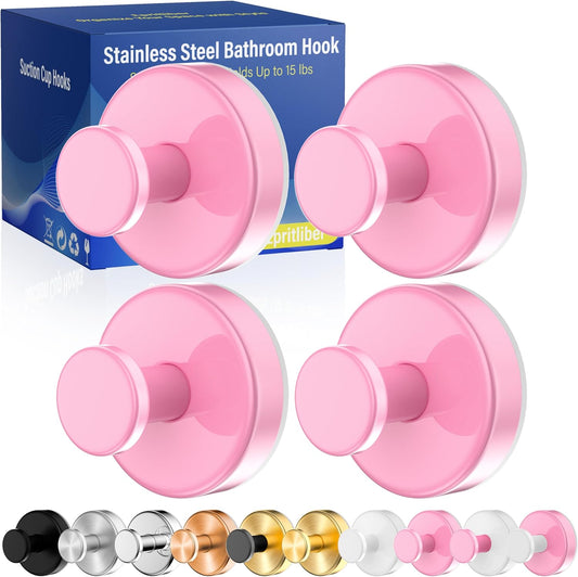 Suction Cup Hooks for Shower,Removable No Drill Towel Hooks,Pink 4 Pcs