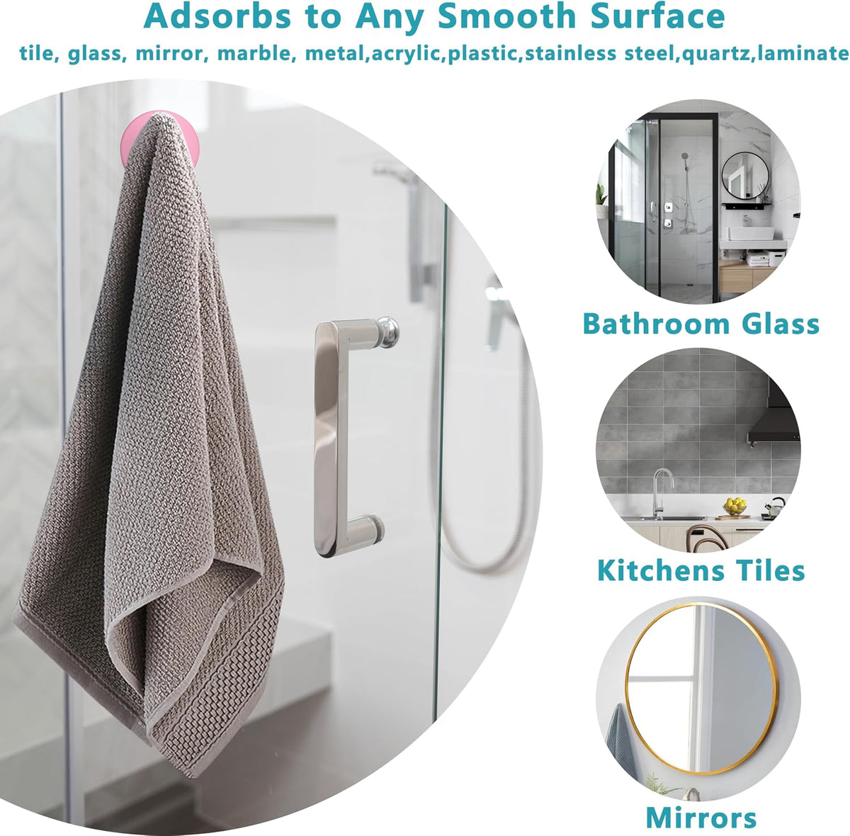 Suction Cup Hooks for Shower,Removable No Drill Towel Hooks,Pink 4 Pcs