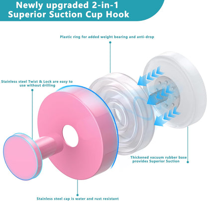 Suction Cup Hooks for Shower,Removable No Drill Towel Hooks,Pink 4 Pcs