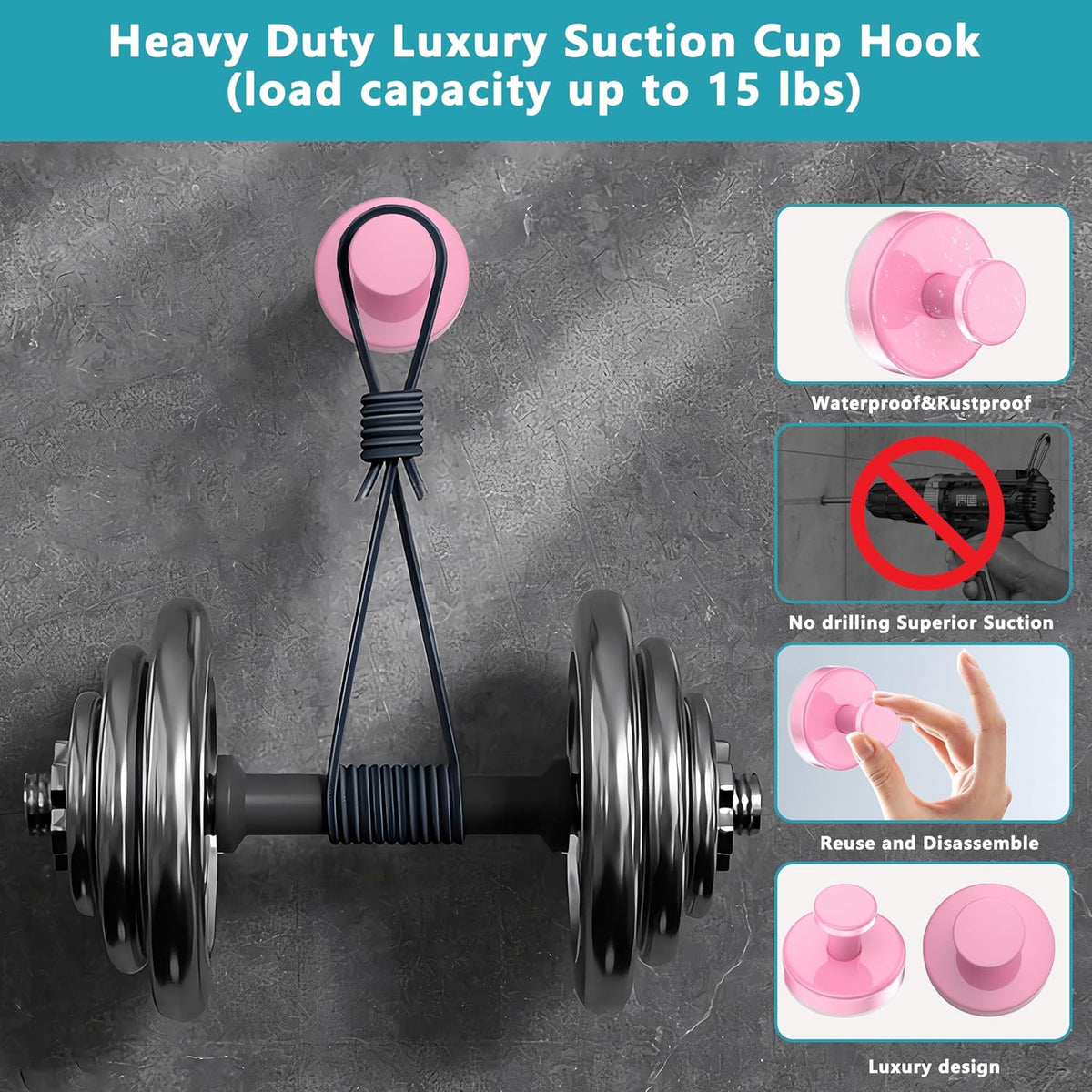 Suction Cup Hooks for Shower,Removable No Drill Towel Hooks,Pink 4 Pcs