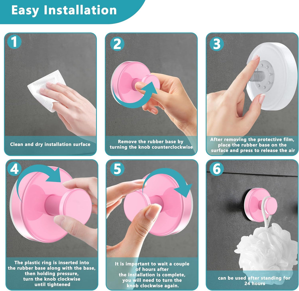 Suction Cup Hooks for Shower,Removable No Drill Towel Hooks,Pink 4 Pcs