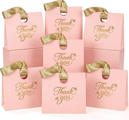 Feifeiya 30 Pcs Thank You Gift Bags with Ribbon Handles 7.87 x 3.54 x 7.09 Inch Paper Candy Gift Bags with Gold Foil Printed for Appreciation Birthday Wedding Bridal Baby Shower Party Favors(Pink)