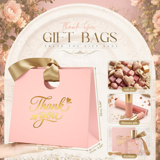 Feifeiya 30 Pcs Thank You Gift Bags with Ribbon Handles 7.87 x 3.54 x 7.09 Inch Paper Candy Gift Bags with Gold Foil Printed for Appreciation Birthday Wedding Bridal Baby Shower Party Favors(Pink)