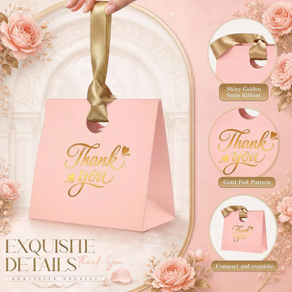 Feifeiya 30 Pcs Thank You Gift Bags with Ribbon Handles 7.87 x 3.54 x 7.09 Inch Paper Candy Gift Bags with Gold Foil Printed for Appreciation Birthday Wedding Bridal Baby Shower Party Favors(Pink)