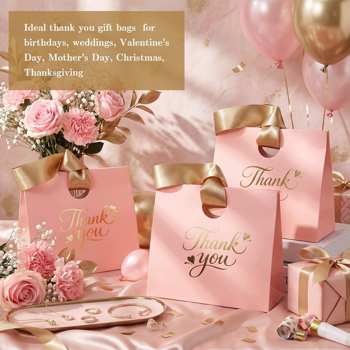 Feifeiya 30 Pcs Thank You Gift Bags with Ribbon Handles 7.87 x 3.54 x 7.09 Inch Paper Candy Gift Bags with Gold Foil Printed for Appreciation Birthday Wedding Bridal Baby Shower Party Favors(Pink)