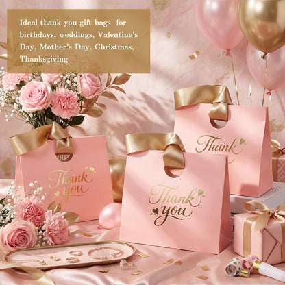 Feifeiya 30 Pcs Thank You Gift Bags with Ribbon Handles 7.87 x 3.54 x 7.09 Inch Paper Candy Gift Bags with Gold Foil Printed for Appreciation Birthday Wedding Bridal Baby Shower Party Favors(Pink)