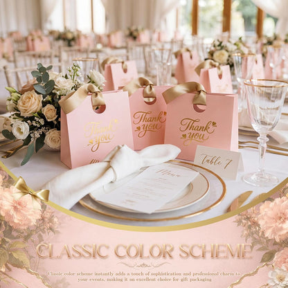 Feifeiya 30 Pcs Thank You Gift Bags with Ribbon Handles 7.87 x 3.54 x 7.09 Inch Paper Candy Gift Bags with Gold Foil Printed for Appreciation Birthday Wedding Bridal Baby Shower Party Favors(Pink)