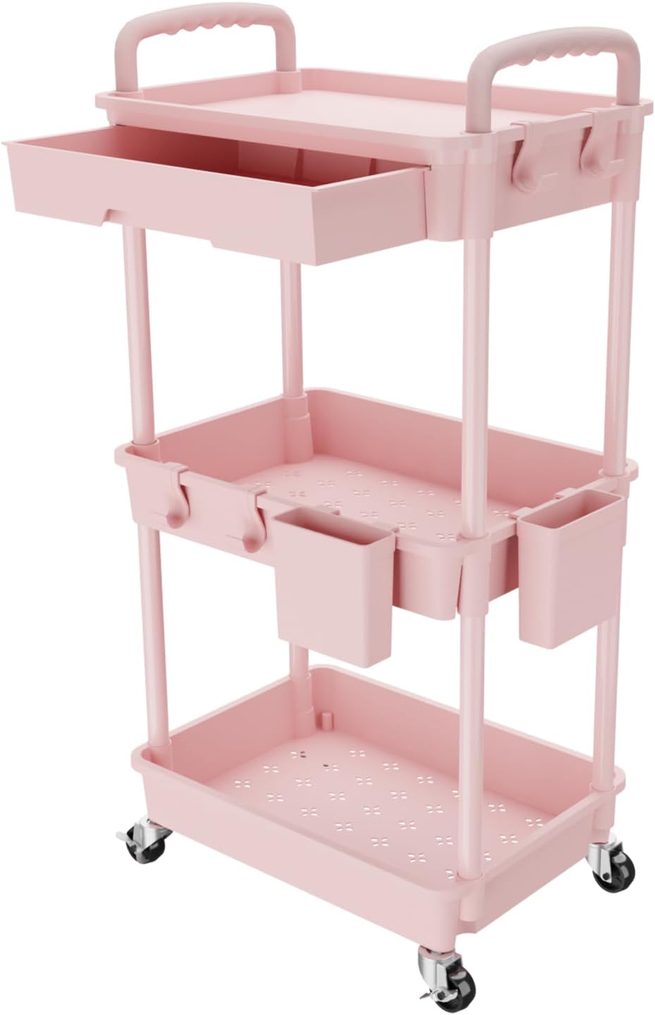 3 Tier Rolling Utility Cart with Drawer,Storage Cart,Rolling Cart for Kitchen,Bathroom,Living Room,Storage Organizer with Iron Wheels（Pink