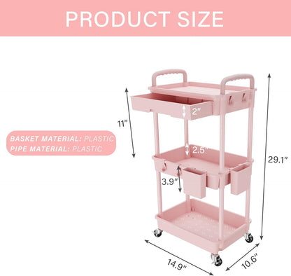 3 Tier Rolling Utility Cart with Drawer,Storage Cart,Rolling Cart for Kitchen,Bathroom,Living Room,Storage Organizer with Iron Wheels（Pink