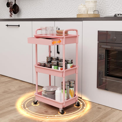 3 Tier Rolling Utility Cart with Drawer,Storage Cart,Rolling Cart for Kitchen,Bathroom,Living Room,Storage Organizer with Iron Wheels（Pink