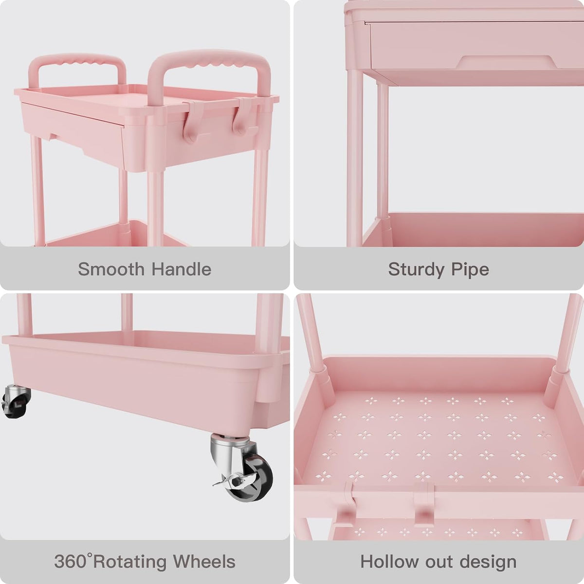 3 Tier Rolling Utility Cart with Drawer,Storage Cart,Rolling Cart for Kitchen,Bathroom,Living Room,Storage Organizer with Iron Wheels（Pink