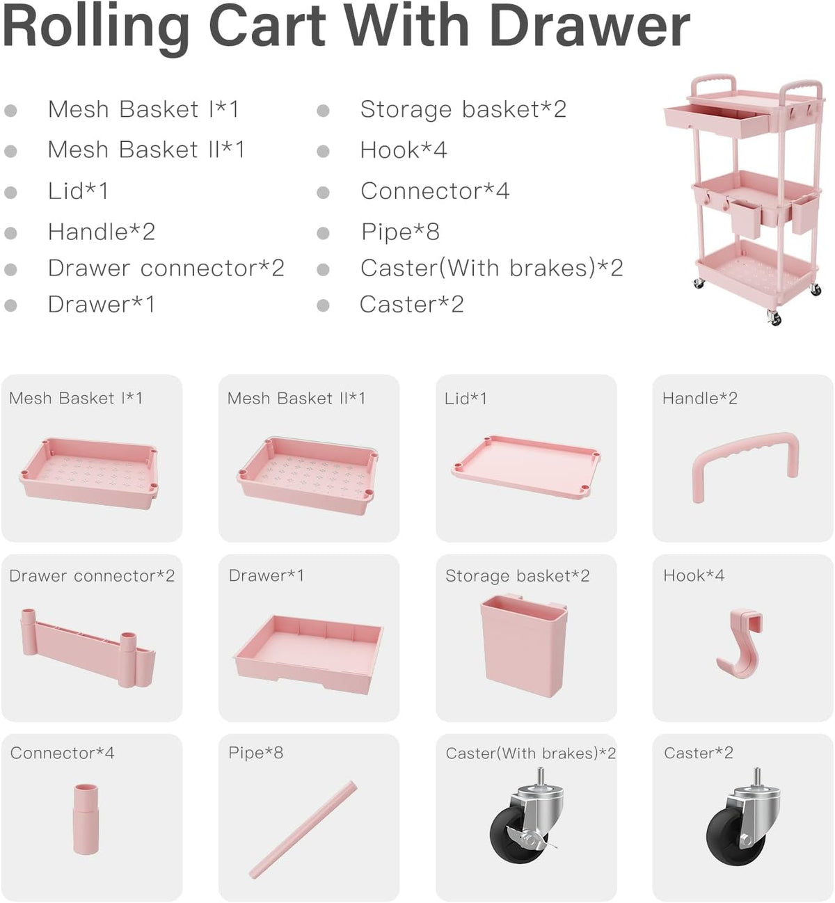 3 Tier Rolling Utility Cart with Drawer,Storage Cart,Rolling Cart for Kitchen,Bathroom,Living Room,Storage Organizer with Iron Wheels（Pink
