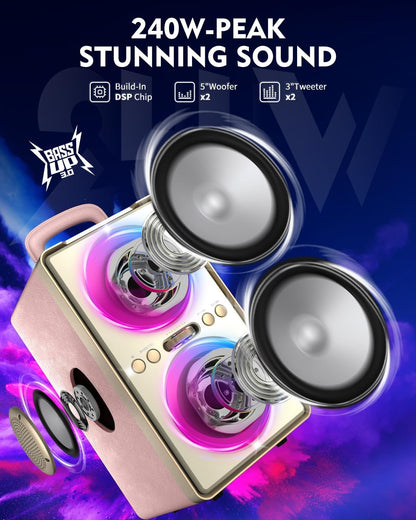 Bluetooth Speaker, 240W Peak Loud Party Speaker with Big Bass, 20H Playtime, TWS, BT5.3, Large Portable Wireless Boom Box with LED Light for Outdoor Backyard Beach Home (Leather Pink)