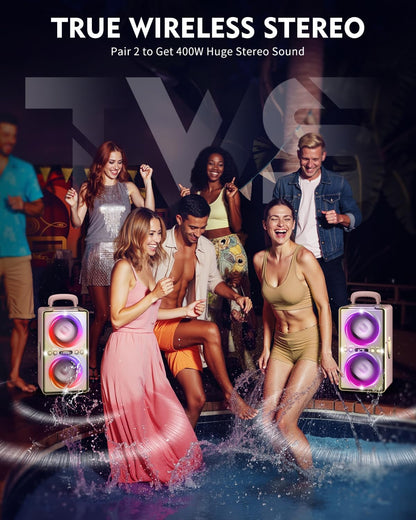 Bluetooth Speaker, 240W Peak Loud Party Speaker with Big Bass, 20H Playtime, TWS, BT5.3, Large Portable Wireless Boom Box with LED Light for Outdoor Backyard Beach Home (Leather Pink)