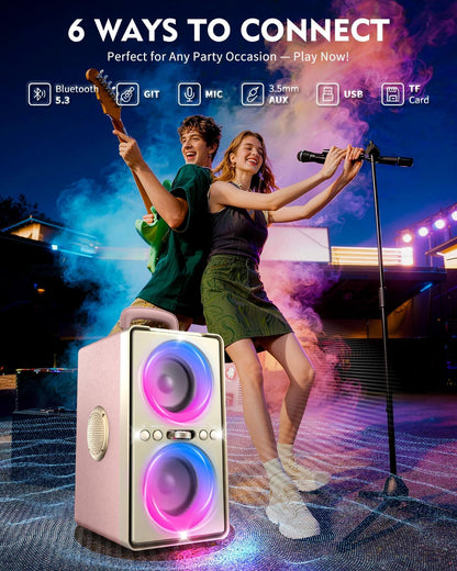 Bluetooth Speaker, 240W Peak Loud Party Speaker with Big Bass, 20H Playtime, TWS, BT5.3, Large Portable Wireless Boom Box with LED Light for Outdoor Backyard Beach Home (Leather Pink)