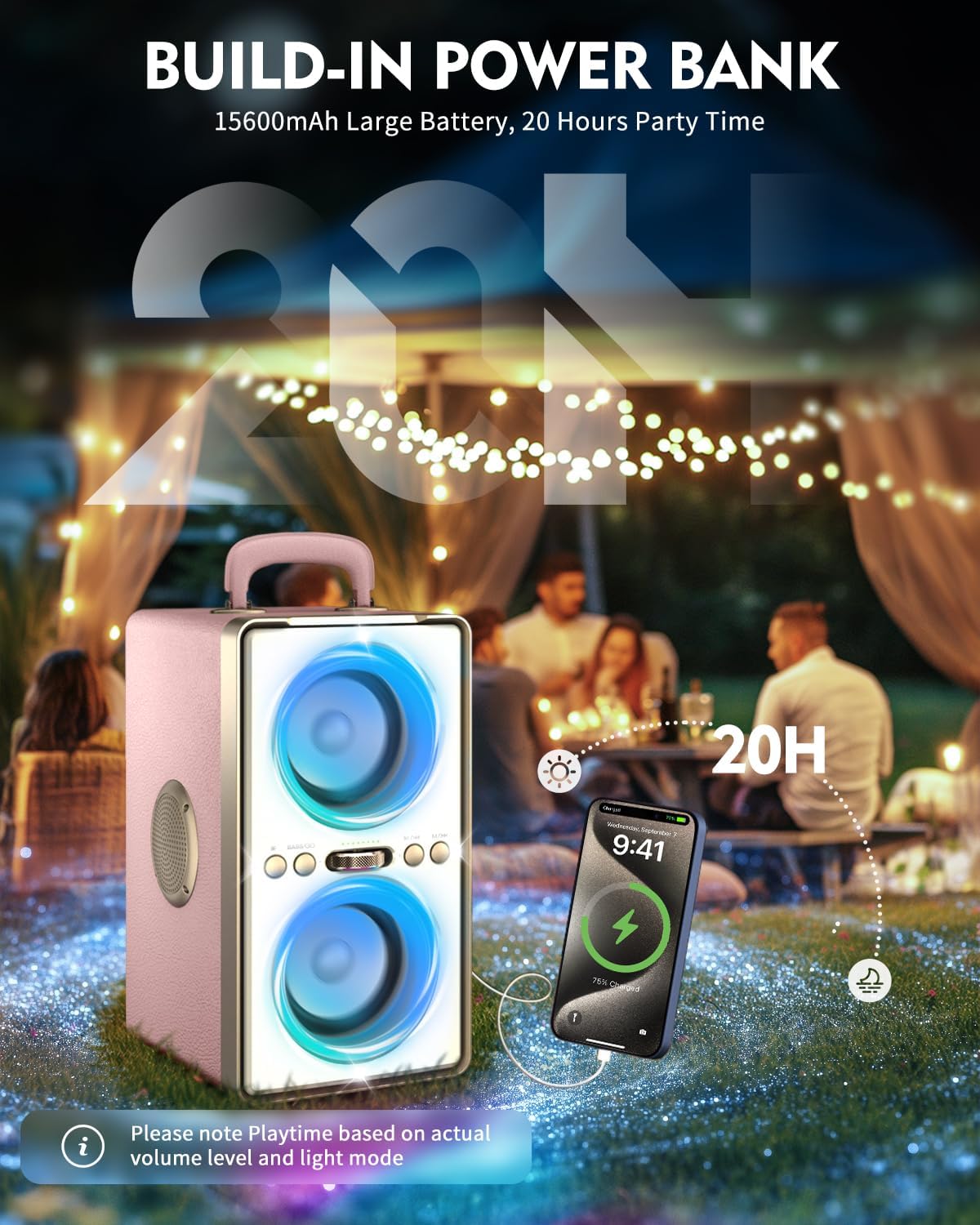 Bluetooth Speaker, 240W Peak Loud Party Speaker with Big Bass, 20H Playtime, TWS, BT5.3, Large Portable Wireless Boom Box with LED Light for Outdoor Backyard Beach Home (Leather Pink)