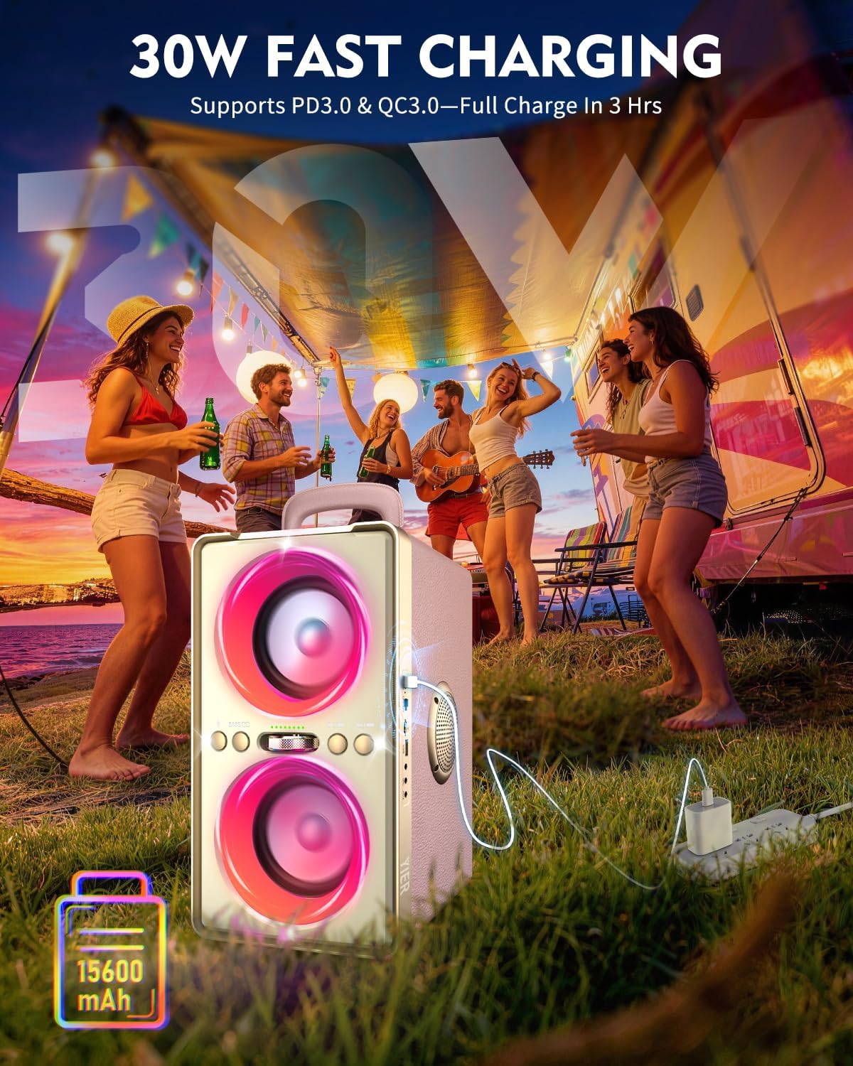 Bluetooth Speaker, 240W Peak Loud Party Speaker with Big Bass, 20H Playtime, TWS, BT5.3, Large Portable Wireless Boom Box with LED Light for Outdoor Backyard Beach Home (Leather Pink)