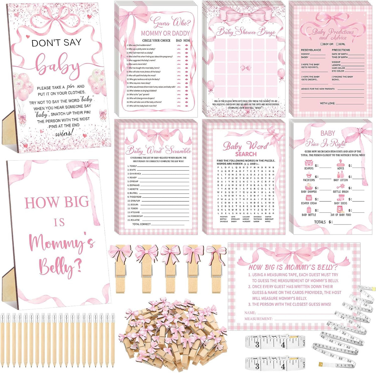 426 Pcs Pink Bow Baby Shower Games Set for Girls, 8 Games