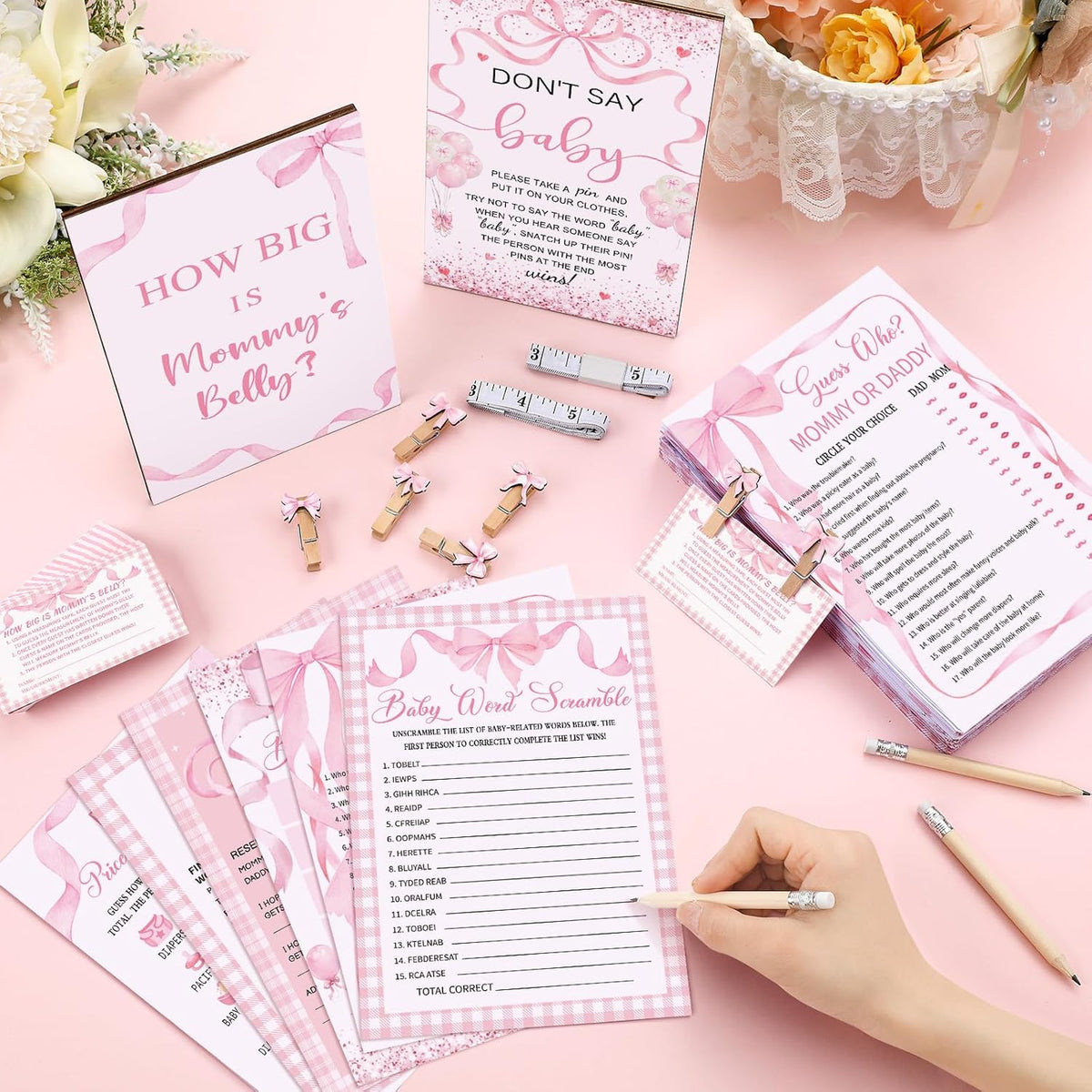 426 Pcs Pink Bow Baby Shower Games Set for Girls, 8 Games