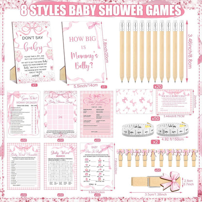 426 Pcs Pink Bow Baby Shower Games Set for Girls, 8 Games