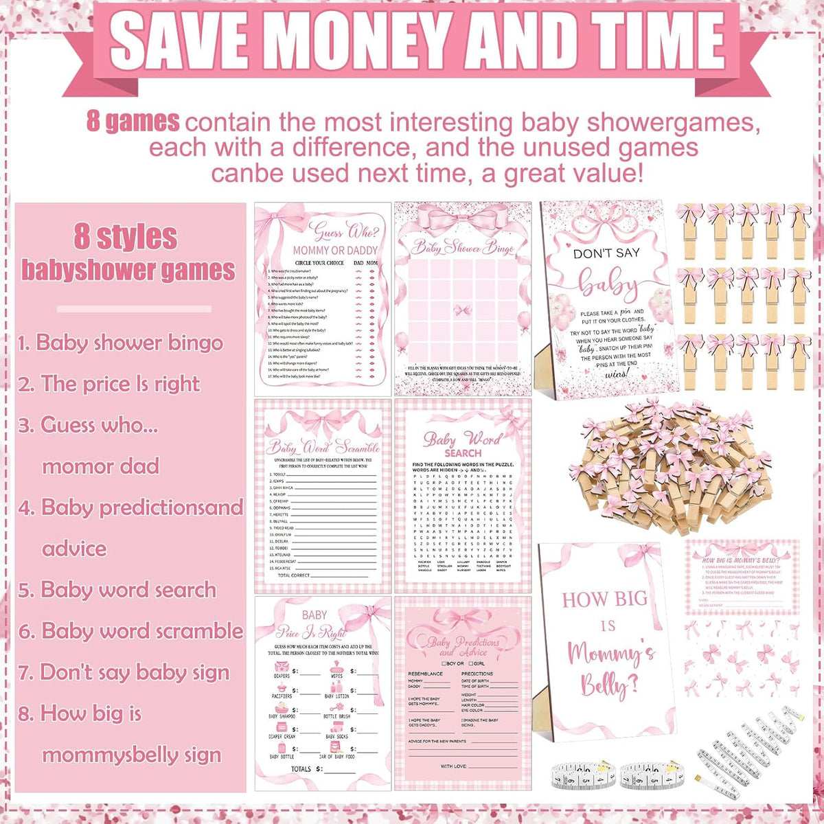 426 Pcs Pink Bow Baby Shower Games Set for Girls, 8 Games