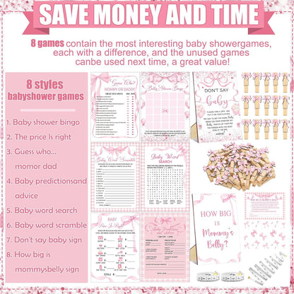 426 Pcs Pink Bow Baby Shower Games Set for Girls, 8 Games