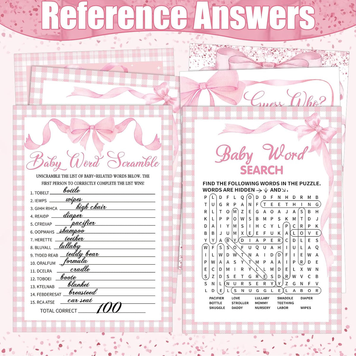 426 Pcs Pink Bow Baby Shower Games Set for Girls, 8 Games
