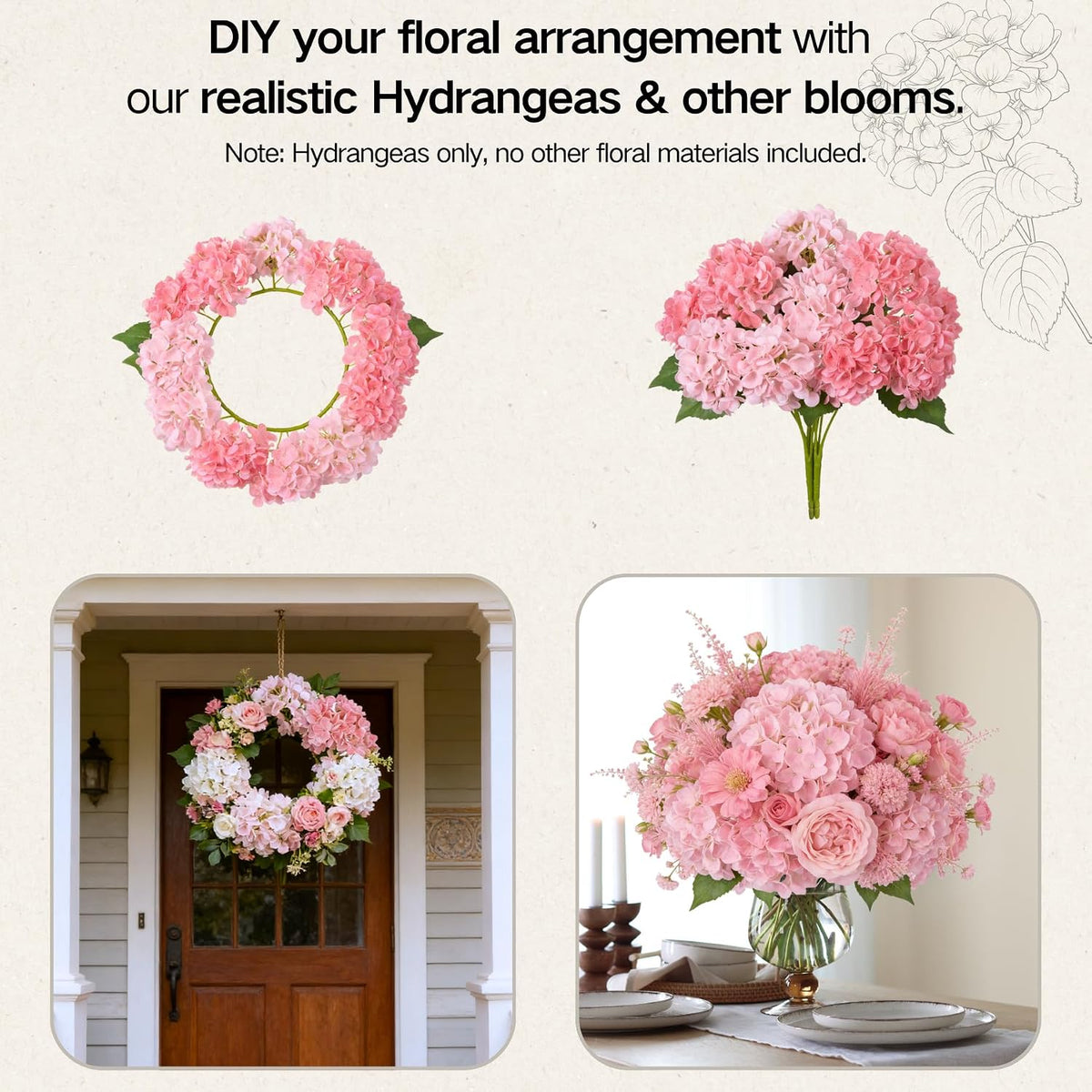 Artificial Flowers Fake Outdoor Hydrangea with Long Stem UV Resistant