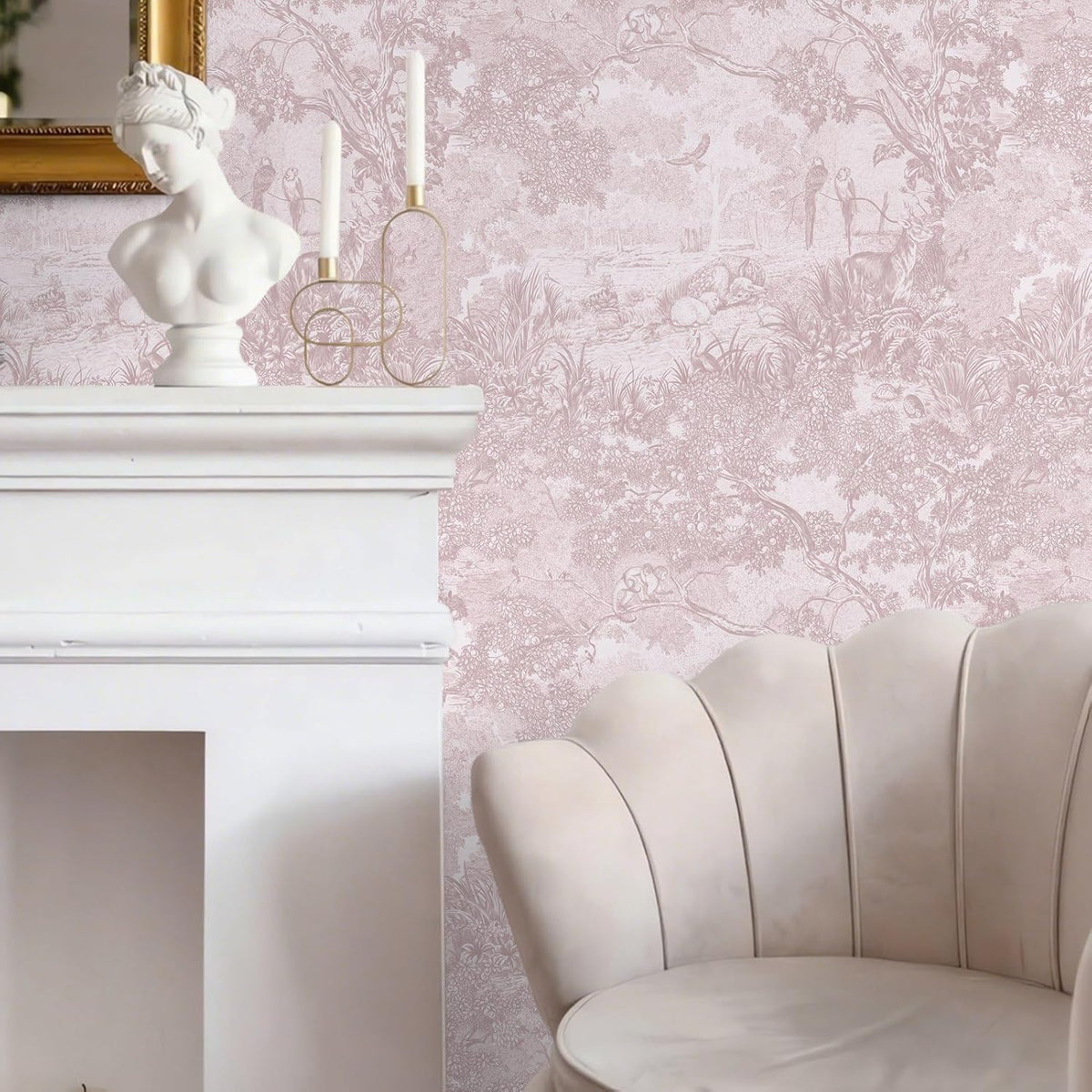 Pink Peel and Stick Wallpaper Neutral Wall Paper 17.3in×6.56ft Vintage Removable Self-Adhesive Wallpaper Animals Jungle Contact Paper for Cabinets Bathroom Walls Covering Vinyl Roll