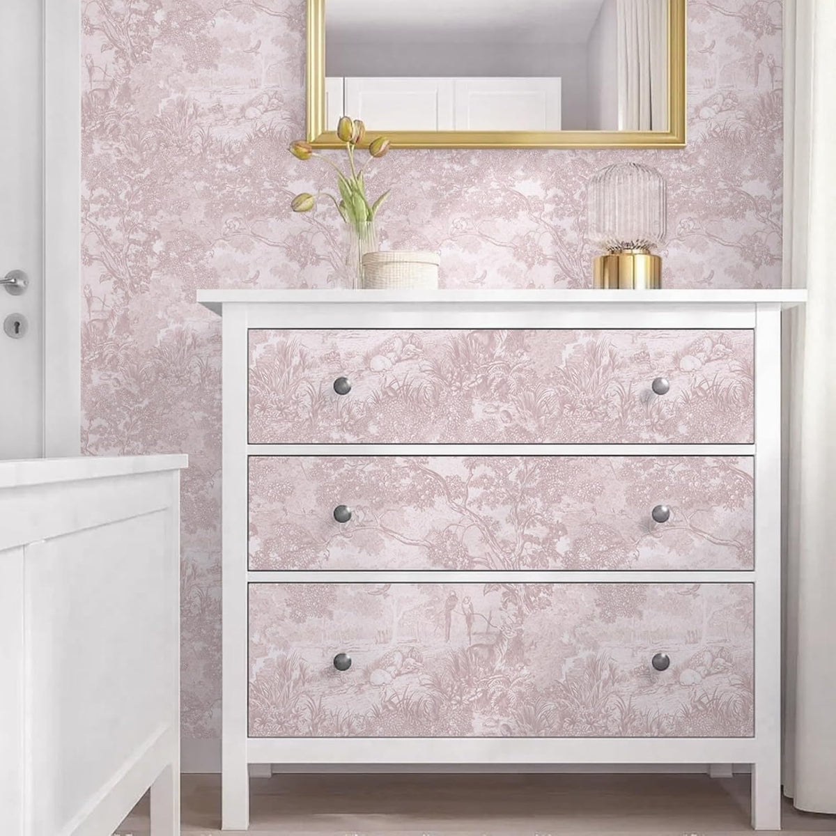 Pink Peel and Stick Wallpaper Neutral Wall Paper 17.3in×6.56ft Vintage Removable Self-Adhesive Wallpaper Animals Jungle Contact Paper for Cabinets Bathroom Walls Covering Vinyl Roll