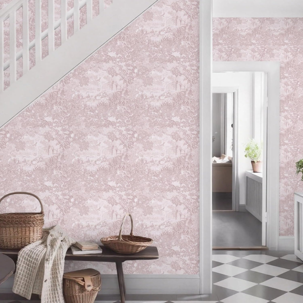 Pink Peel and Stick Wallpaper Neutral Wall Paper 17.3in×6.56ft Vintage Removable Self-Adhesive Wallpaper Animals Jungle Contact Paper for Cabinets Bathroom Walls Covering Vinyl Roll
