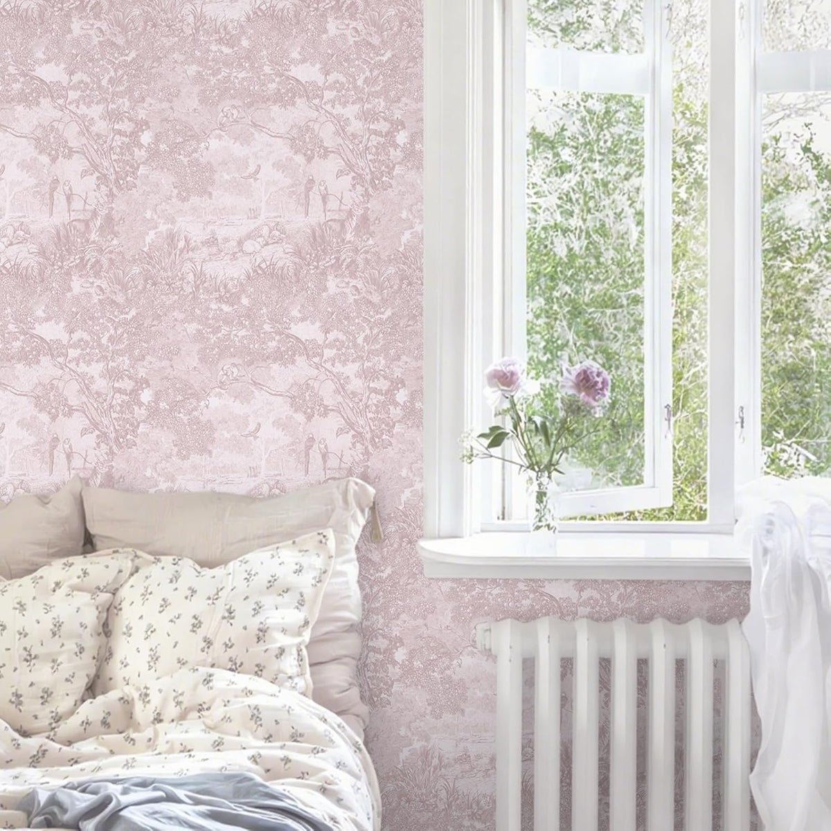 Pink Peel and Stick Wallpaper Neutral Wall Paper 17.3in×6.56ft Vintage Removable Self-Adhesive Wallpaper Animals Jungle Contact Paper for Cabinets Bathroom Walls Covering Vinyl Roll