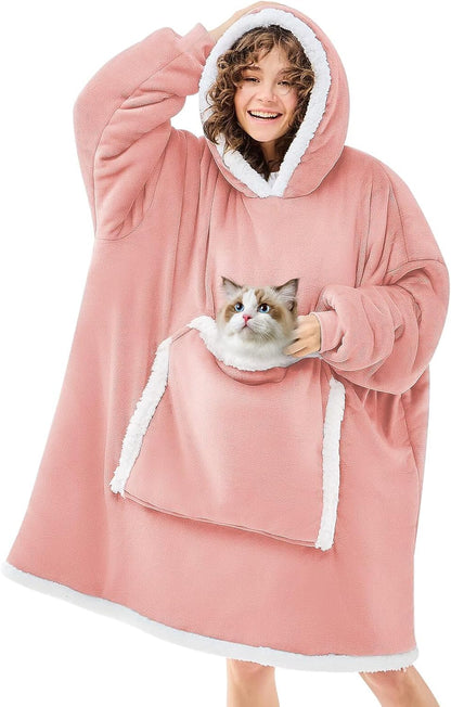 Pink Wearable Blanket Hoodie,Oversized Cat Lovers Sweatshirt Blanket for Adult, Birthday Gifts for Women,Mom,Men,Cozy Sherpa Hooded Blanket with Giant Pocket Winter Gifts,Mellow Rose Standard