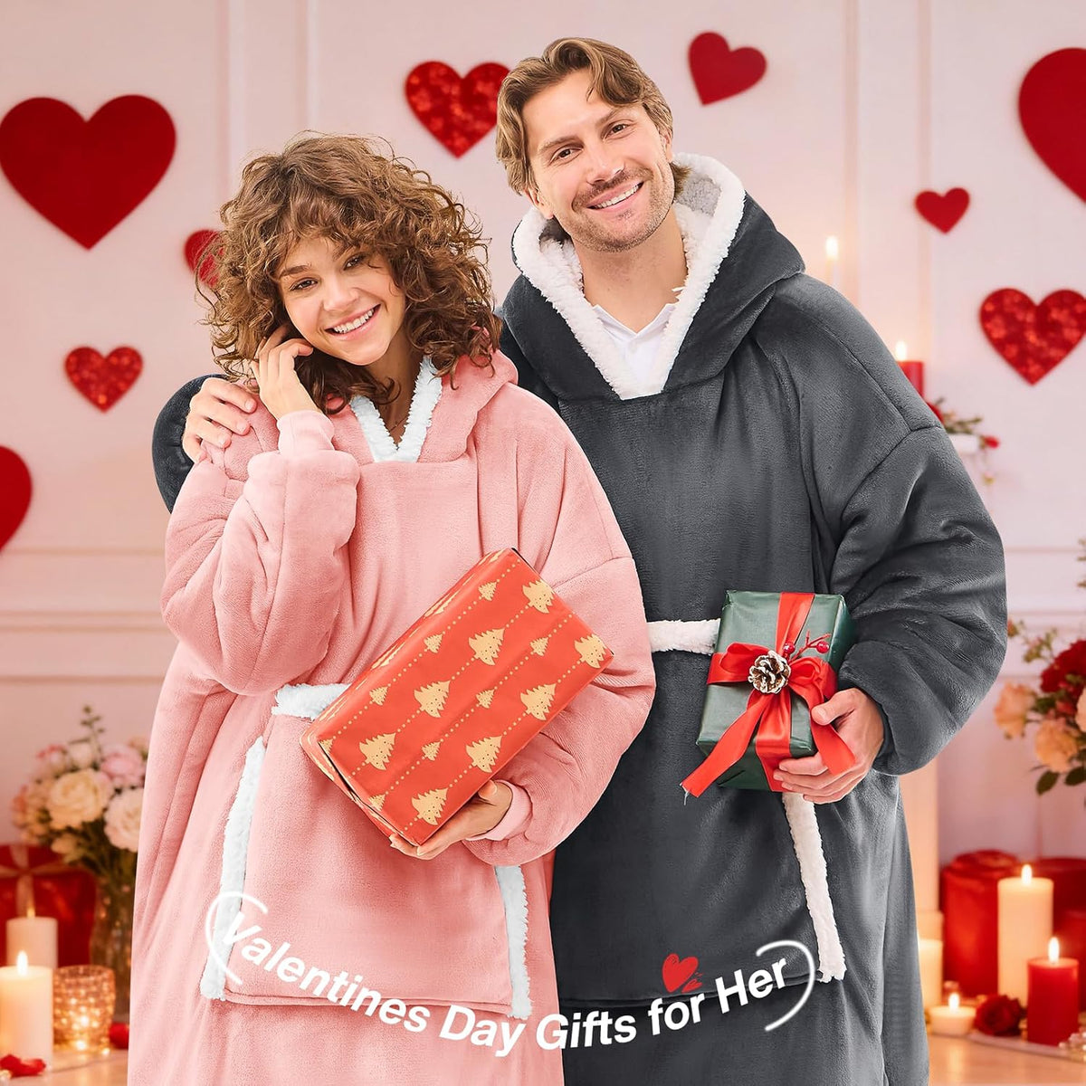 Pink Wearable Blanket Hoodie,Oversized Cat Lovers Sweatshirt Blanket for Adult, Birthday Gifts for Women,Mom,Men,Cozy Sherpa Hooded Blanket with Giant Pocket Winter Gifts,Mellow Rose Standard