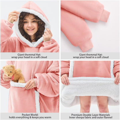 Pink Wearable Blanket Hoodie,Oversized Cat Lovers Sweatshirt Blanket for Adult, Birthday Gifts for Women,Mom,Men,Cozy Sherpa Hooded Blanket with Giant Pocket Winter Gifts,Mellow Rose Standard