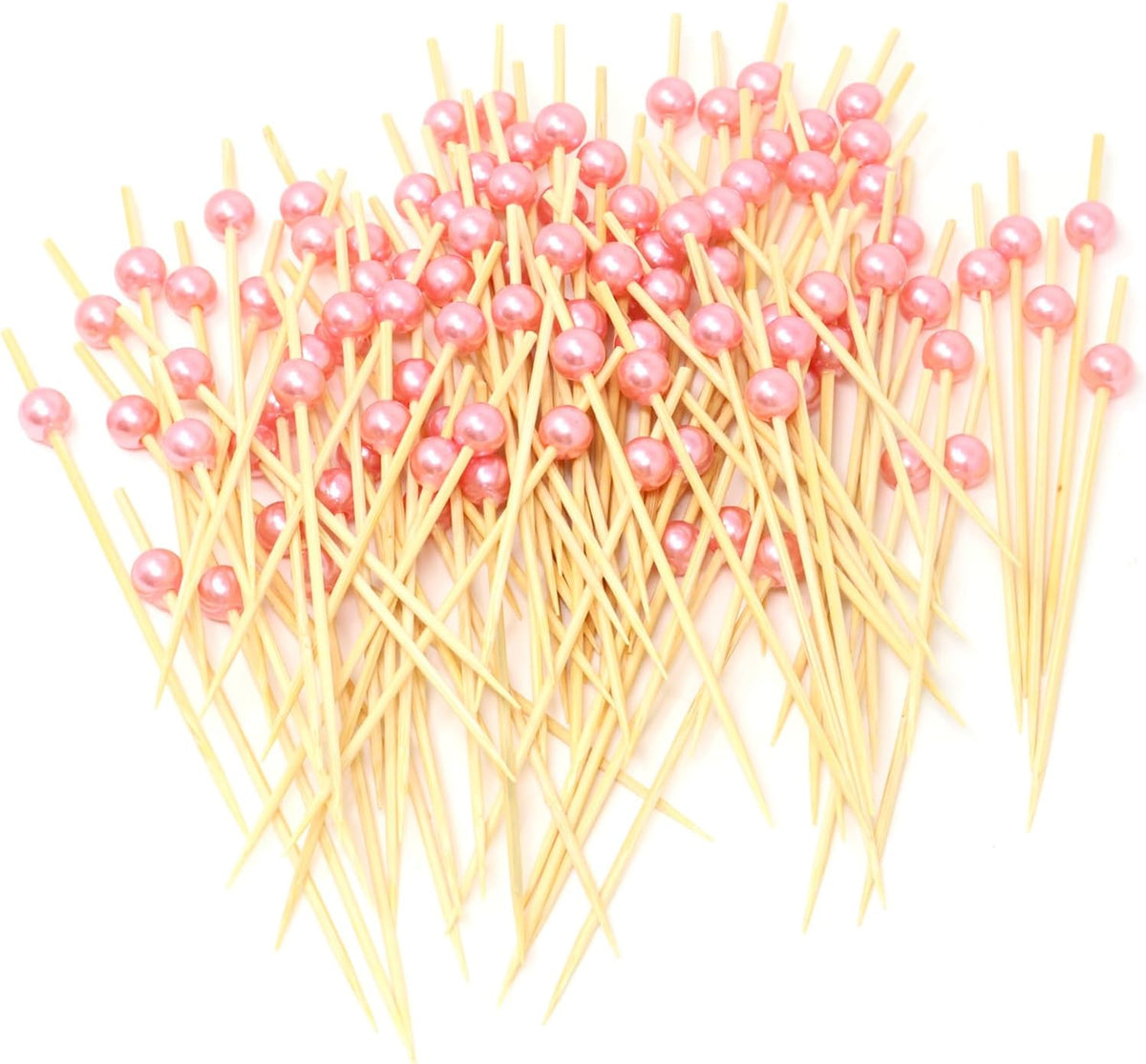 100PCS Pink Pearl Bamboo Cocktail Picks Fruit Food Hamburger Toothpicks Cupcake Toppers Sandwich Appetizer Decorative Skewers Drink Garnish Holiday Birthday Party Decoration Sticks