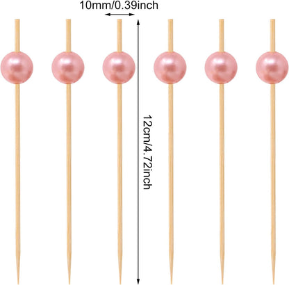 100PCS Pink Pearl Bamboo Cocktail Picks Fruit Food Hamburger Toothpicks Cupcake Toppers Sandwich Appetizer Decorative Skewers Drink Garnish Holiday Birthday Party Decoration Sticks