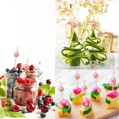 100PCS Pink Pearl Bamboo Cocktail Picks Fruit Food Hamburger Toothpicks Cupcake Toppers Sandwich Appetizer Decorative Skewers Drink Garnish Holiday Birthday Party Decoration Sticks