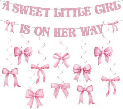 Pink Baby Shower Decorations a Sweet Little Girl Is on Her Way Banner Pink Bow Swirls Coquette Baby Shower Decor for Birthday Gender Reveal Photo Props Sign Party Supplies