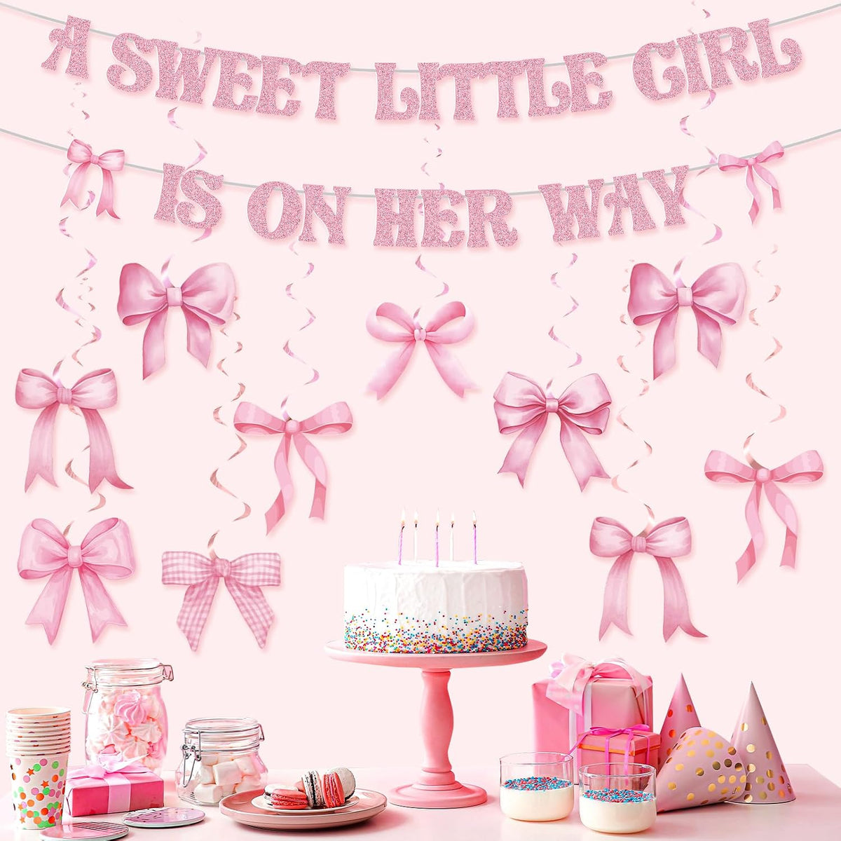 Pink Baby Shower Decorations a Sweet Little Girl Is on Her Way Banner Pink Bow Swirls Coquette Baby Shower Decor for Birthday Gender Reveal Photo Props Sign Party Supplies