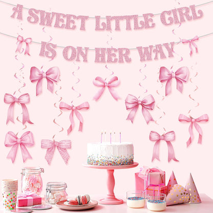 Pink Baby Shower Decorations a Sweet Little Girl Is on Her Way Banner Pink Bow Swirls Coquette Baby Shower Decor for Birthday Gender Reveal Photo Props Sign Party Supplies