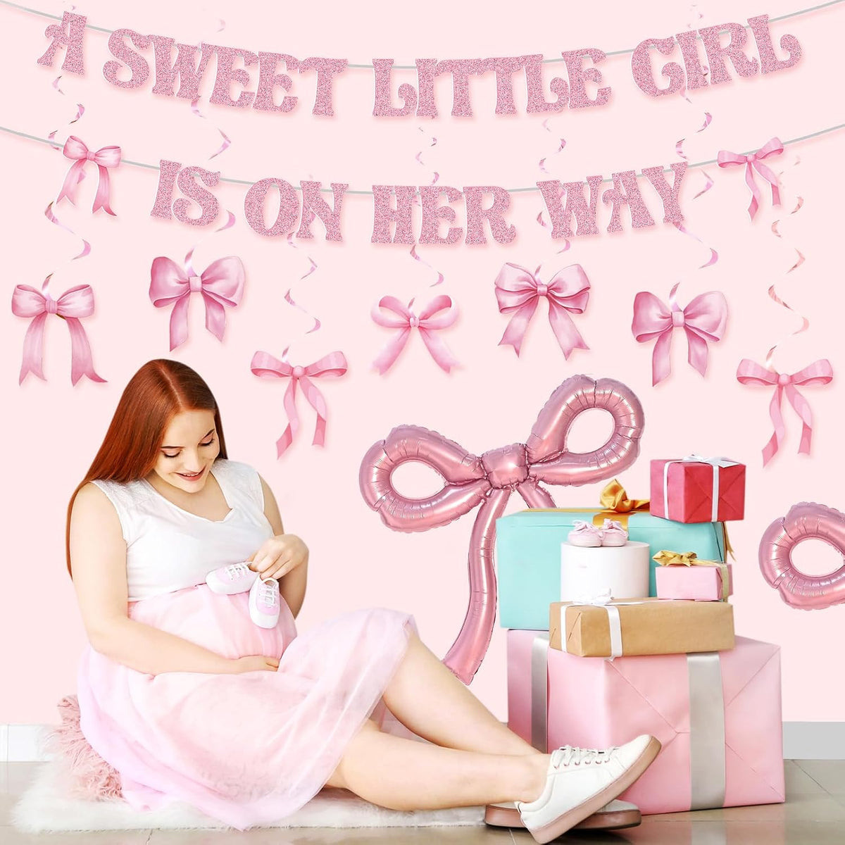 Pink Baby Shower Decorations a Sweet Little Girl Is on Her Way Banner Pink Bow Swirls Coquette Baby Shower Decor for Birthday Gender Reveal Photo Props Sign Party Supplies