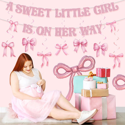 Pink Baby Shower Decorations a Sweet Little Girl Is on Her Way Banner Pink Bow Swirls Coquette Baby Shower Decor for Birthday Gender Reveal Photo Props Sign Party Supplies