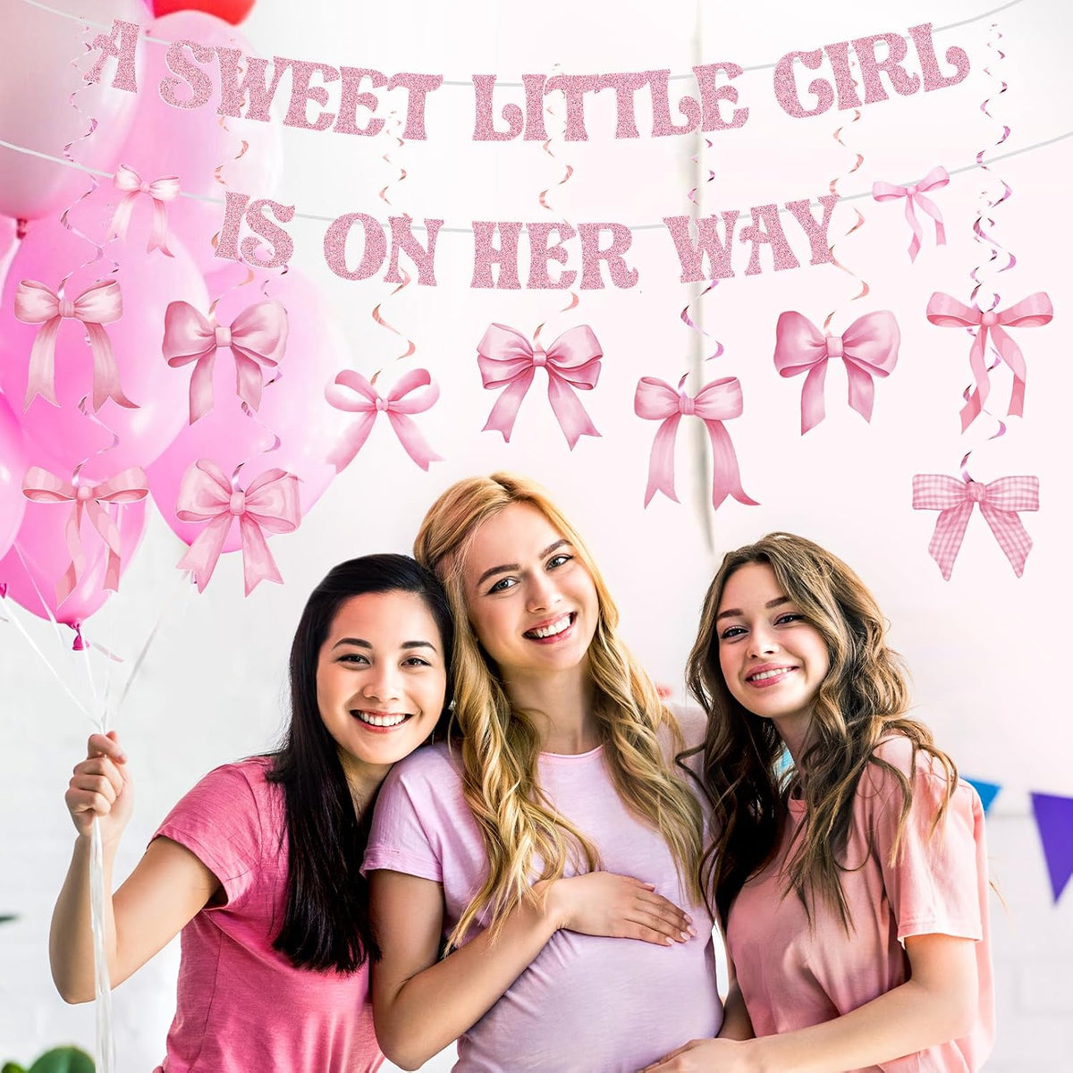 Pink Baby Shower Decorations a Sweet Little Girl Is on Her Way Banner Pink Bow Swirls Coquette Baby Shower Decor for Birthday Gender Reveal Photo Props Sign Party Supplies