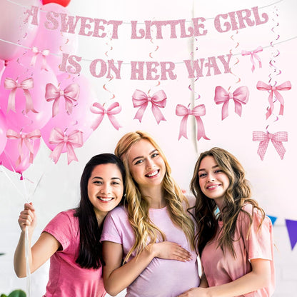 Pink Baby Shower Decorations a Sweet Little Girl Is on Her Way Banner Pink Bow Swirls Coquette Baby Shower Decor for Birthday Gender Reveal Photo Props Sign Party Supplies