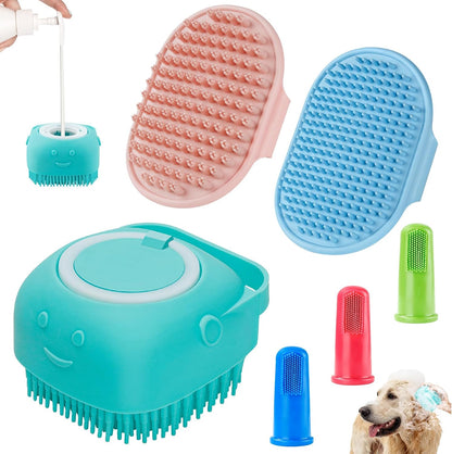 3-in-1 Dog Grooming Brush | Adjustable Handle Shampoo Brush & Scrubber for Short & Long Haired Dogs & Cats (Blue Pink Blue)