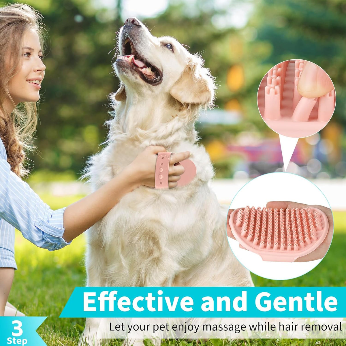 3-in-1 Dog Grooming Brush | Adjustable Handle Shampoo Brush & Scrubber for Short & Long Haired Dogs & Cats (Blue Pink Blue)