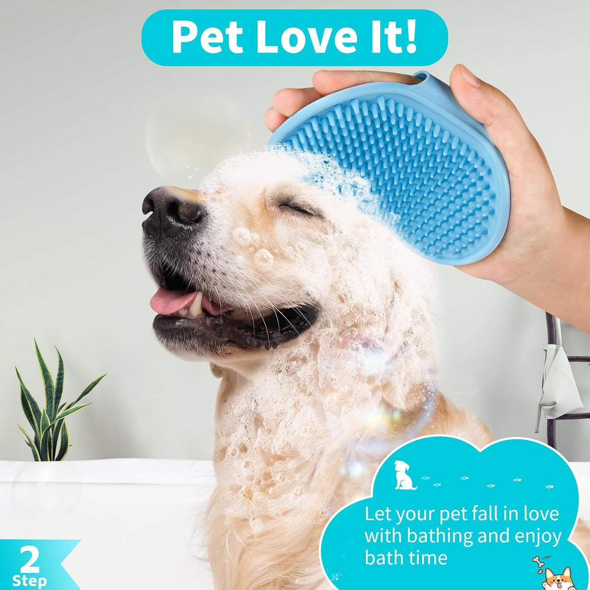 3-in-1 Dog Grooming Brush | Adjustable Handle Shampoo Brush & Scrubber for Short & Long Haired Dogs & Cats (Blue Pink Blue)